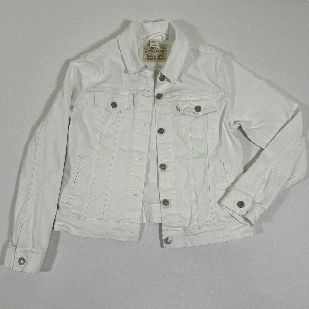 Levis Womens White Denim Trucker Jacket Large Stretch Cotton 77306-0004